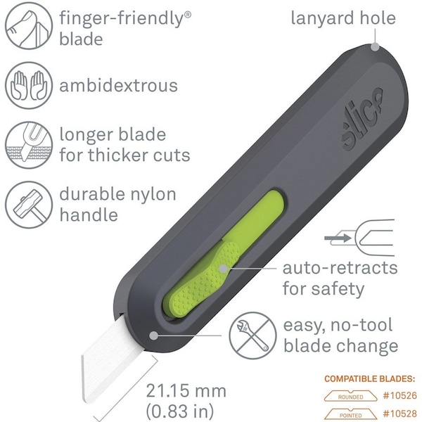 Slice Utility Knife, Auto-Retract, 9/10"Wx6-1/10"Lx1-2/5"H, GYGN - SLI10554