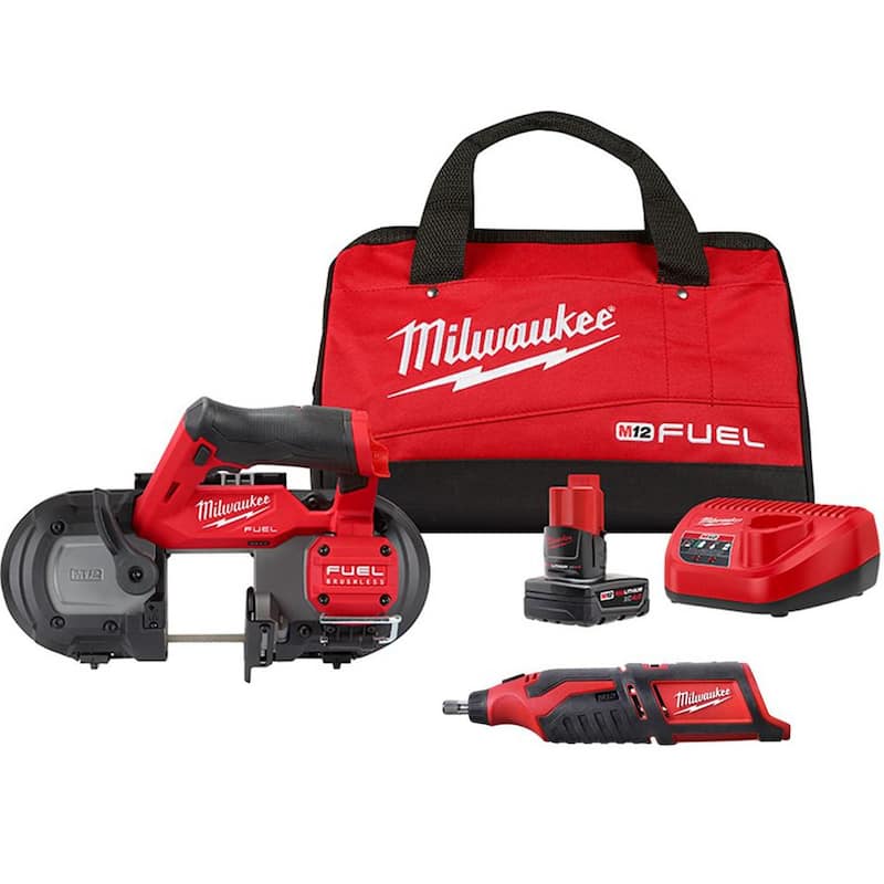 Sierra de cinta compacta inalámbrica Milwaukee M12 FUEL 12V de iones de litio con juego XC y Herramienta rotativa inalámbrica Milwaukee M12 de 12V de iones de litio - 2529-21XC-2460-20.
