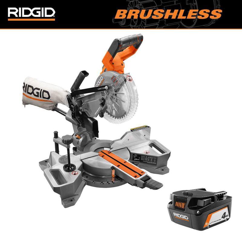 Sierra ingleteadora deslizante inalámbrica sin escobillas RIDGID de 18V de doble bisel de 7-1/4 pulgadas con batería de iones de litio de 18V y 4.0 Ah - R48607B-AC87004