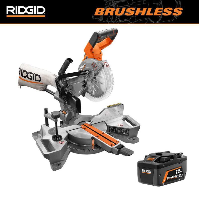 Sierra ingletadora deslizante inalámbrica sin escobillas RIDGID de 18V con bisel doble de 7-1/4 pulgadas y batería de iones de litio MAX Output EXP de 12.0 Ah - R48607B-AC840120