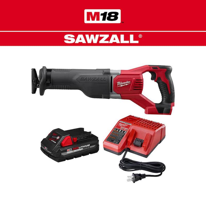 Sierra recíproca inalámbrica Milwaukee M18 18V de iones de litio SAWZALL con batería de 3.0Ah y cargador - 2621-20-48-59-1835