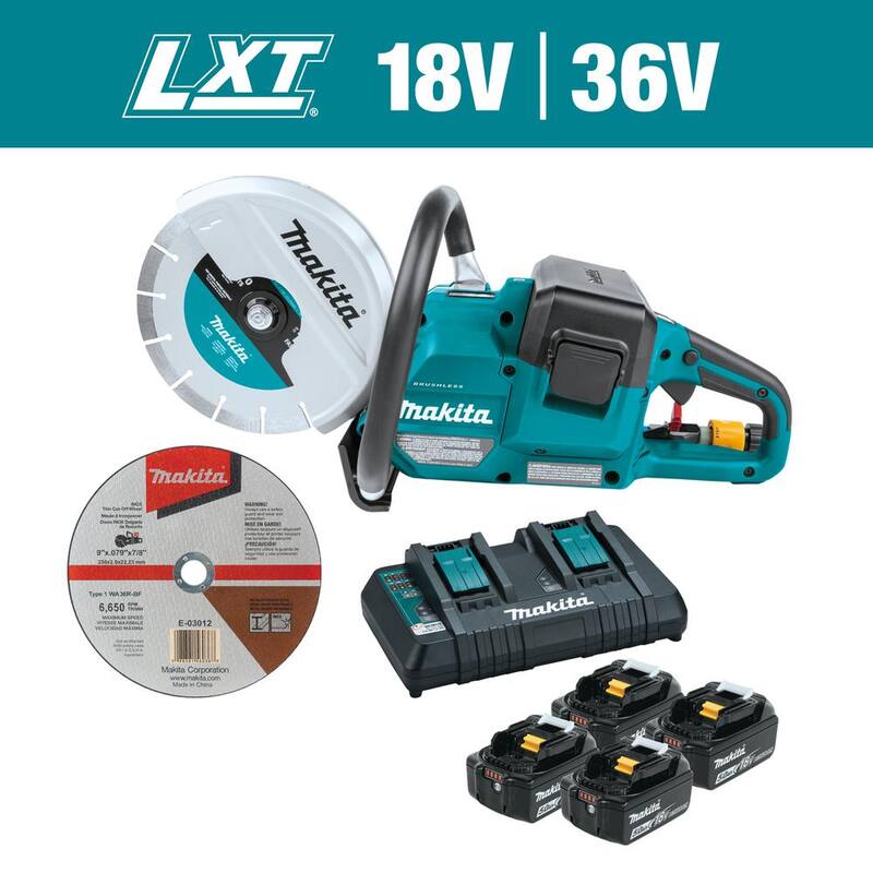 Kit de Cortadora de Potencia Inalámbrica Brushless de Iones de Litio LXT 18V X2 (36V) Makita de 9 pulgadas, con AFT, Freno Eléctrico, 4 Baterías (5.0 Ah) - XEC01PT1