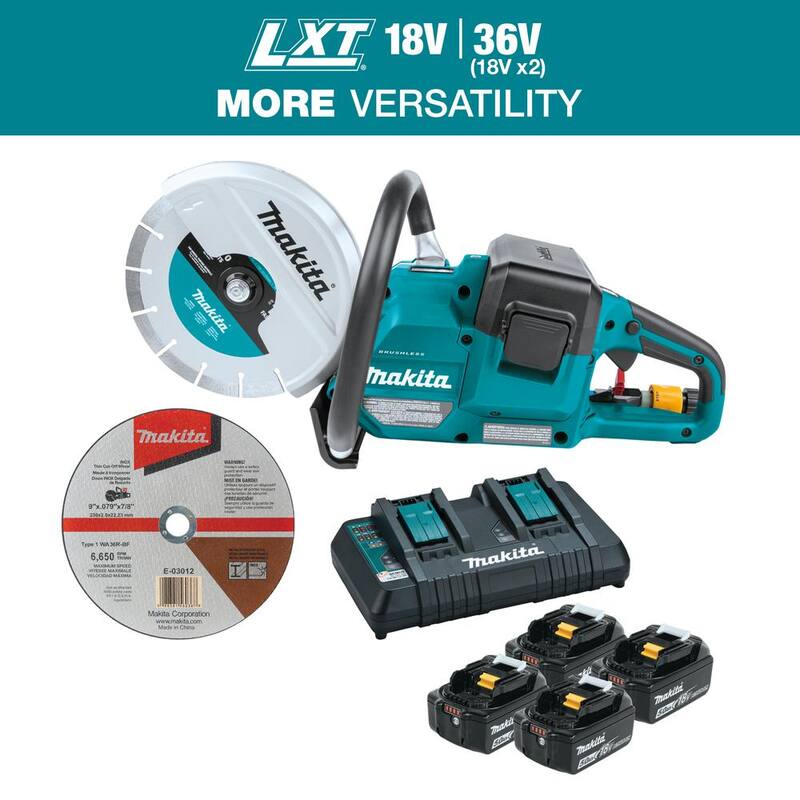 Kit de Cortadora de Potencia Inalámbrica Brushless de Iones de Litio LXT 18V X2 (36V) Makita de 9 pulgadas, con AFT, Freno Eléctrico, 4 Baterías (5.0 Ah) - XEC01PT1