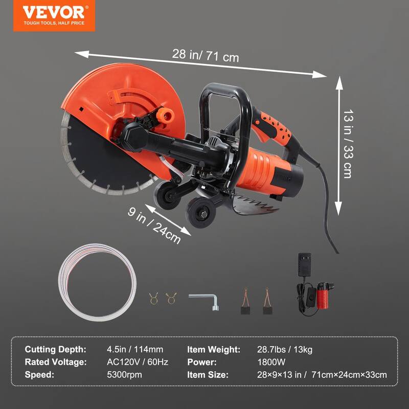 VEVOR Sierra Circular de Concreto Eléctrica 28 pulgadas L x 9 pulgadas W Sierra de Disco Húmedo Cortadora 1800 vatios 15 amperios Motor Sierra Circular Cortadora - DDHNTJ1800W12HEK8V1