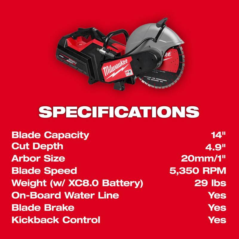 Sierra de corte Milwaukee MX FUEL de 14 pulgadas con kit de sierra circular con (2) baterías XC 8.0 y super cargador (paquete de 2) - MXF315-2XC-MXF315-2XC
