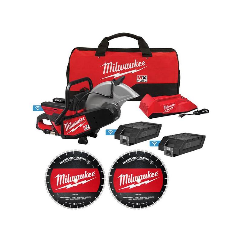 Sierra de corte sin cable Milwaukee MX FUEL de 14 pulgadas con baterías y cargador + Hoja de diamante de 14 pulgadas (paquete de 2) - MXF314-2XC-49-93-7540-49-93-7540