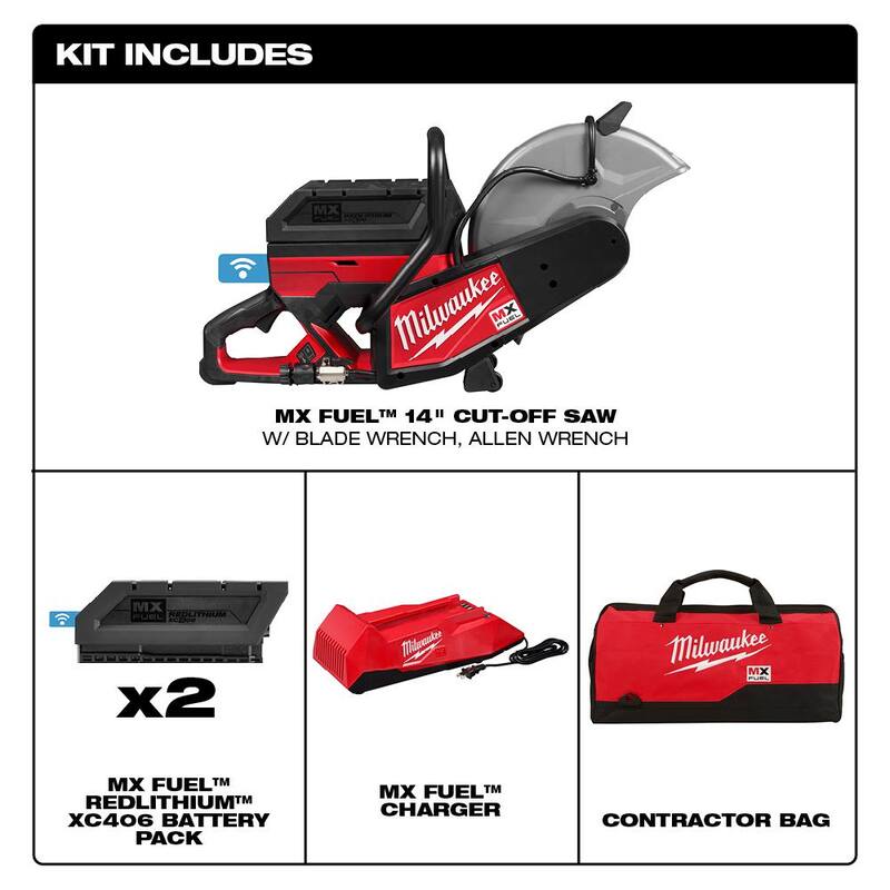 Sierra de corte sin cable Milwaukee MX FUEL de 14 pulgadas con baterías y cargador + Hoja de diamante de 14 pulgadas (paquete de 2) - MXF314-2XC-49-93-7540-49-93-7540