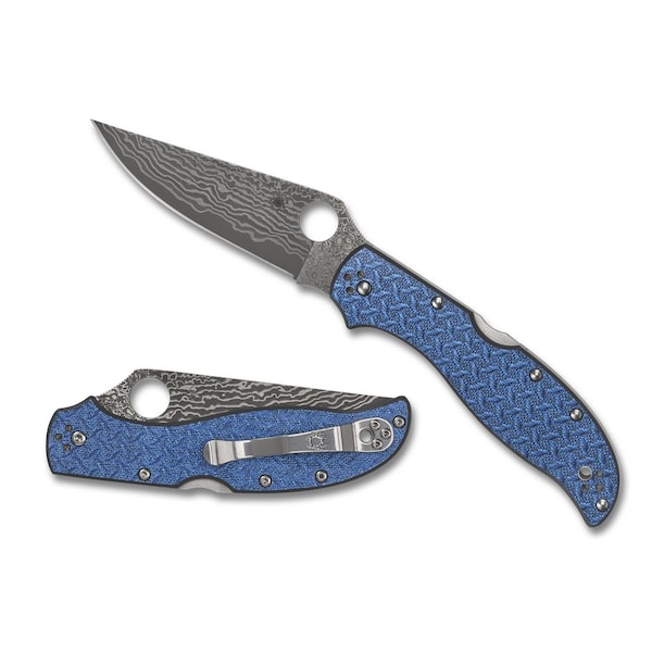 Spyderco 2023N Spyderco Reveal 13 Stretch 2 Xl Glass Fiber Blue Nishijin Damascus, Sprint Run, Plain Edge - SPY-C258GFBLP