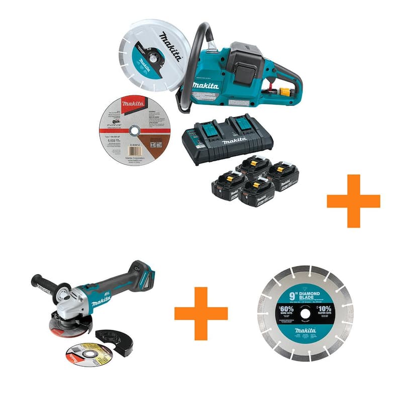 Kit de cortadora eléctrica sin escobillas Makita 18V X2 (36V) LXT de 9 pulgadas, con 4 baterías (5.0 Ah) y amoladora LXT de 18V y disco de diamante de 9 pulgadas - XEC01PT1-XAG4E2.