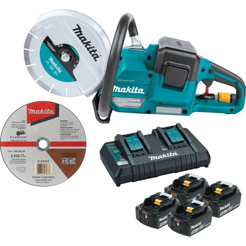 Kit de cortadora de energía sin escobillas Makita 18V X2 (36V) LXT de 9 pulgadas, con 4 baterías (5.0 Ah) y la amoladora angular 18V LXT sin escobillas X-LOCK - XEC01PT1-XAG25Z.