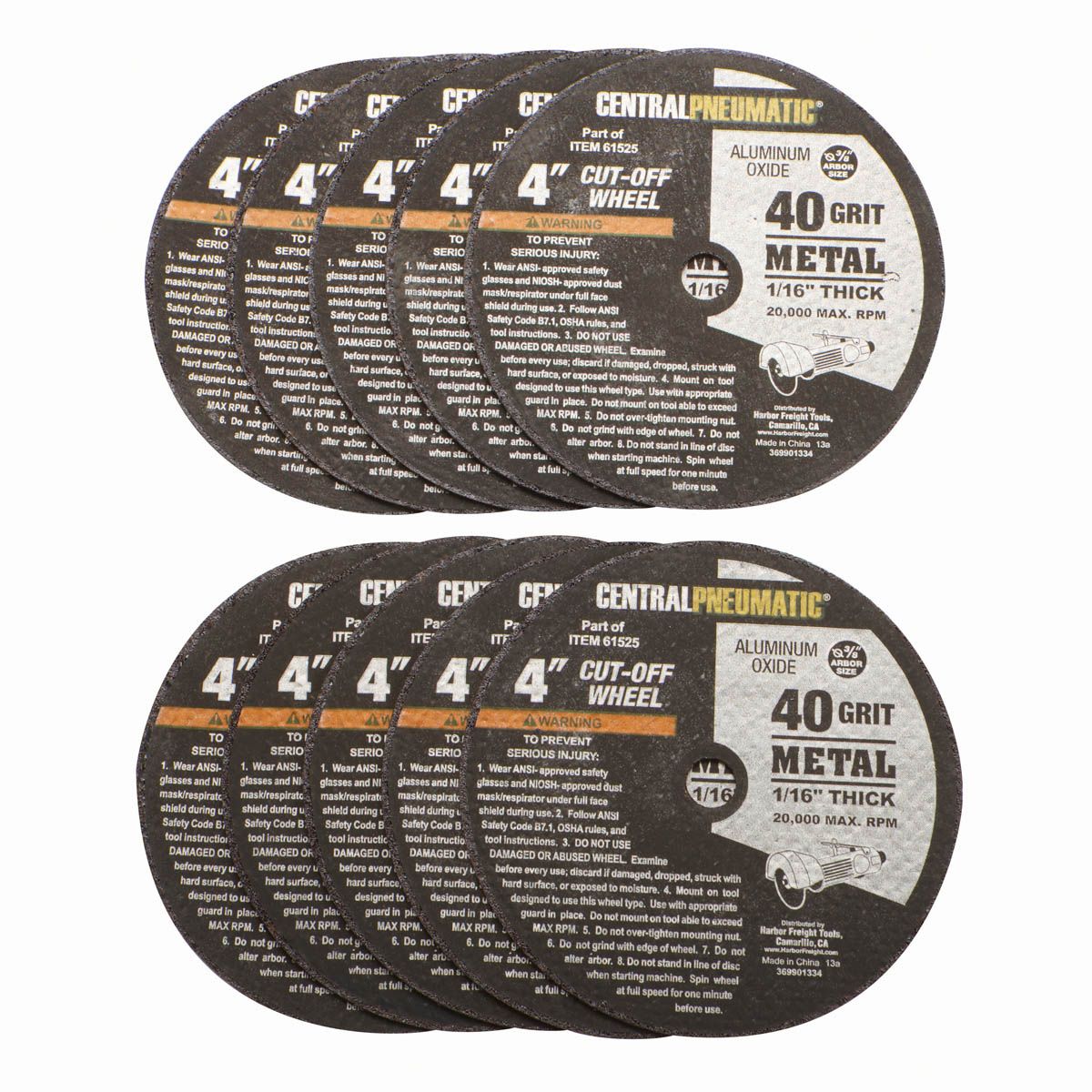 Ruedas de corte de metal de 4 pulgadas x 1/16 pulgadas x 3/8 pulgadas, paquete de 10 - 61525