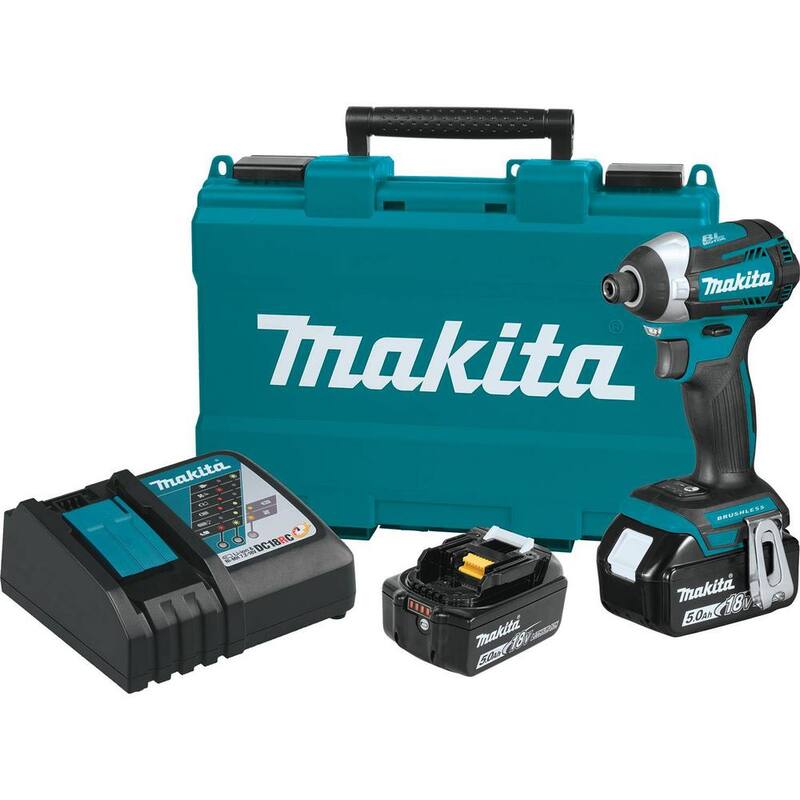 Atornillador de impacto inalámbrico Makita 18V LXT de iones de litio sin escobillas con modo de cambio rápido de 3 velocidades, con (2) baterías 5.0Ah, estuche duro - XDT14T