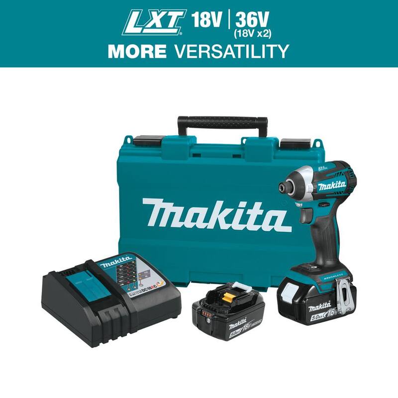 Atornillador de impacto inalámbrico Makita 18V LXT de iones de litio sin escobillas con modo de cambio rápido de 3 velocidades, con (2) baterías 5.0Ah, estuche duro - XDT14T