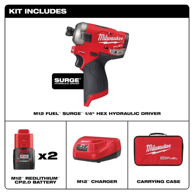 Milwaukee M12 FUEL SURGE 12V Atornillador de impacto compacto inalámbrico con motor sin escobillas de 1/4 pulg. Hexagonal, Kit compacto con dos baterías de 2.0Ah, bolsa - 2551-22