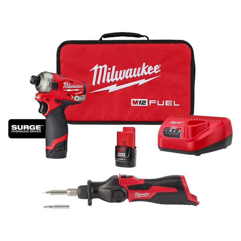 Milwaukee M12 FUEL SURGE 12-Volt Lithium-Ion 1/4 in. Cordless Hex Impact Driver Compact Kit with M12 Soldering Iron - 2551-22-2488-20 

Milwaukee M12 FUEL SURGE 12-Volt Lithium-Ion 1/4 in. Impact Driver compacto inalámbrico con kit de soldadura M12 - 2551-22-2488-20
