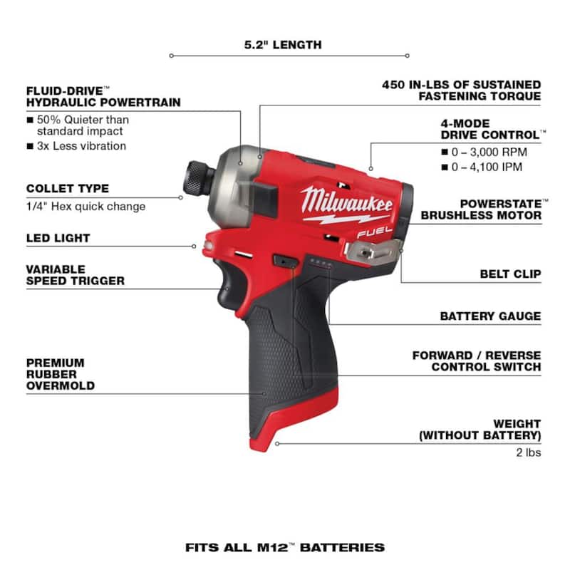 Milwaukee M12 FUEL SURGE 12-Volt Lithium-Ion 1/4 in. Cordless Hex Impact Driver Compact Kit with M12 Soldering Iron - 2551-22-2488-20 

Milwaukee M12 FUEL SURGE 12-Volt Lithium-Ion 1/4 in. Impact Driver compacto inalámbrico con kit de soldadura M12 - 2551-22-2488-20