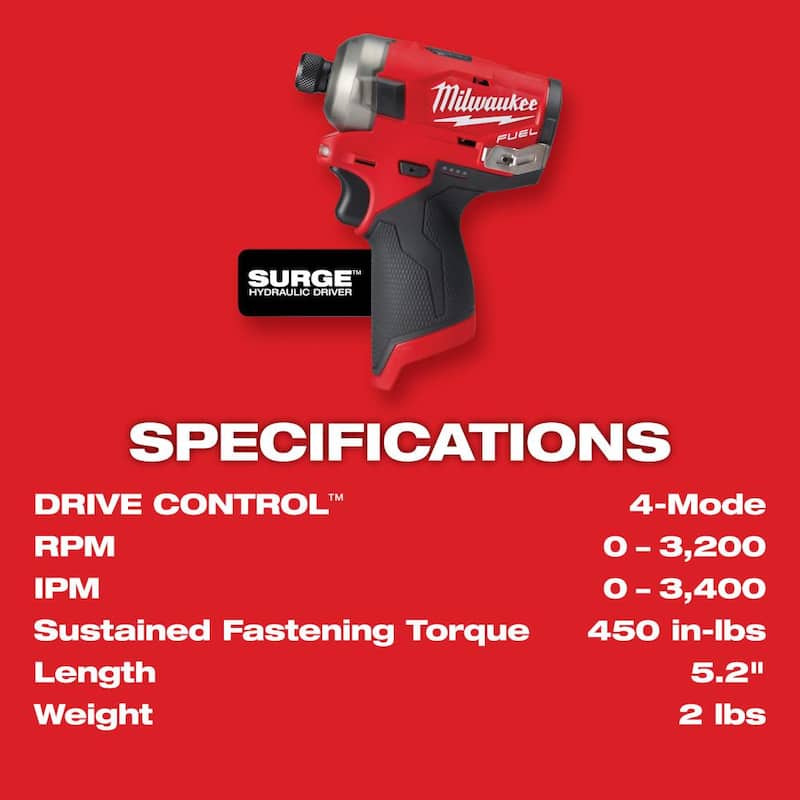 Milwaukee M12 FUEL SURGE 12-Volt Lithium-Ion 1/4 in. Cordless Hex Impact Driver Compact Kit with M12 Soldering Iron - 2551-22-2488-20 

Milwaukee M12 FUEL SURGE 12-Volt Lithium-Ion 1/4 in. Impact Driver compacto inalámbrico con kit de soldadura M12 - 2551-22-2488-20
