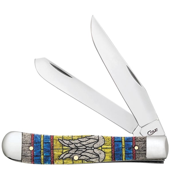 Case Cutlery Embellished Smooth Natural Bone Trapper 6254 S W/Color Wash/Blk Definition Velvet Box Angel Wings - CAS-38714