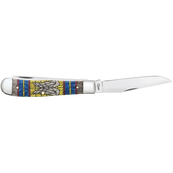 Case Cutlery Embellished Smooth Natural Bone Trapper 6254 S W/Color Wash/Blk Definition Velvet Box Angel Wings - CAS-38714