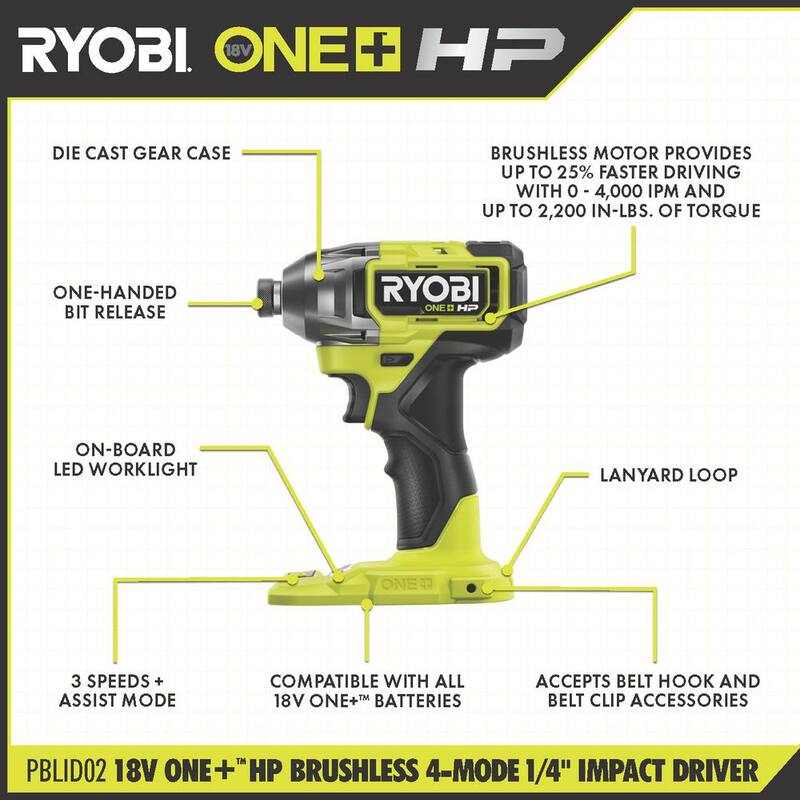 RYOBI ONE + HP 18V Taladro de impacto inalámbrico sin escobillas de 1/4 de pulgada con 4 modos (Herramienta únicamente) - PBLID02B