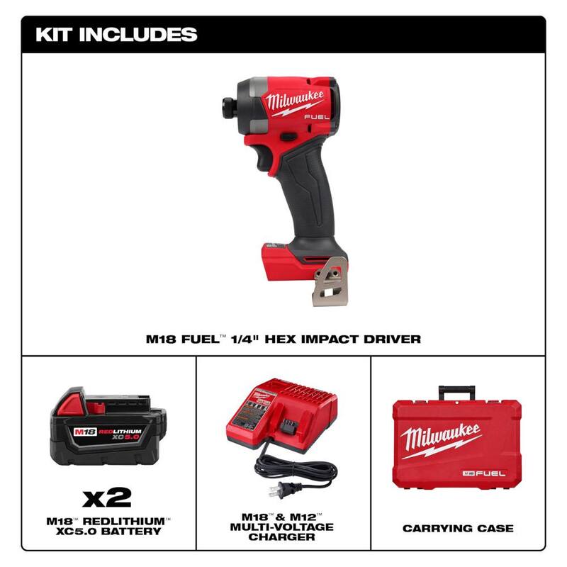 Milwaukee M18 FUEL 18V Lithium-Ion Brushless Cordless 1/4 in. Hex Impact Driver Kit con Dos Baterías de 5.0Ah Cargador Estuche Resistente - 2953-22