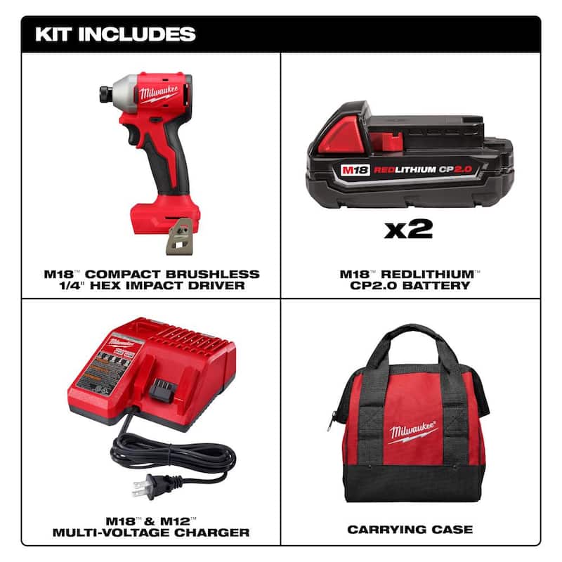Kit de controlador de impacto inalámbrico sin escobillas de 1/4 de pulgada Milwaukee M18 18V de iones de litio con dos baterías de 2.0 Ah y cargador - 3650-22CT