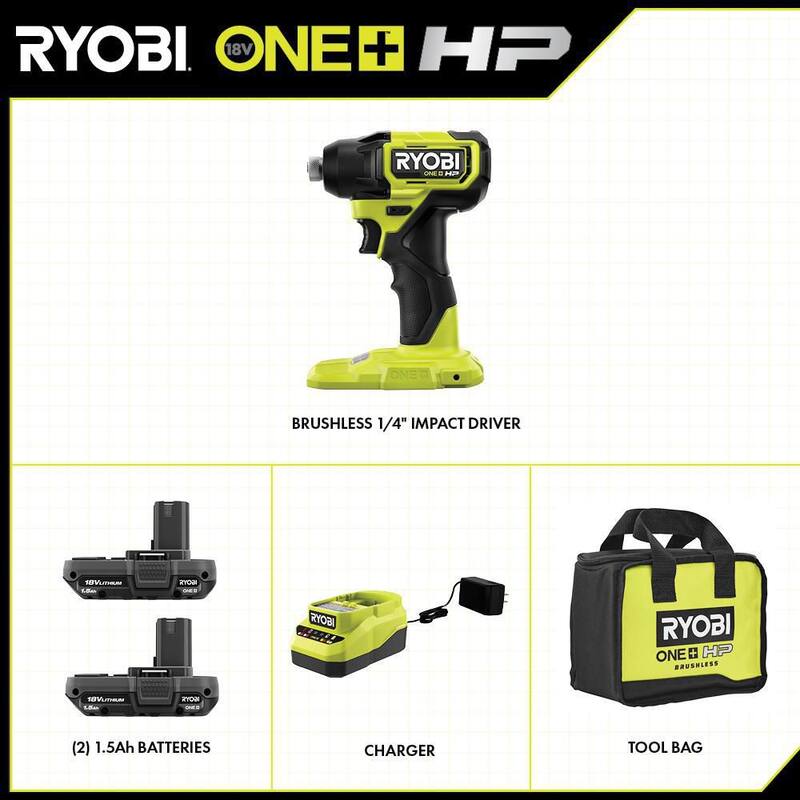 RYOBI ONE+ HP 18V Juego de Impacto Inalámbrico Compacto sin Escobillas de 1/4 in. con (2) Baterías de 1.5 Ah, Cargador y Bolsa - PSBID01K