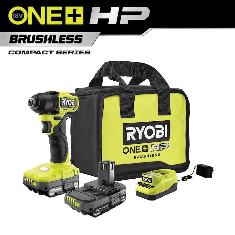 RYOBI ONE+ HP 18V Juego de Impacto Inalámbrico Compacto sin Escobillas de 1/4 in. con (2) Baterías de 1.5 Ah, Cargador y Bolsa - PSBID01K