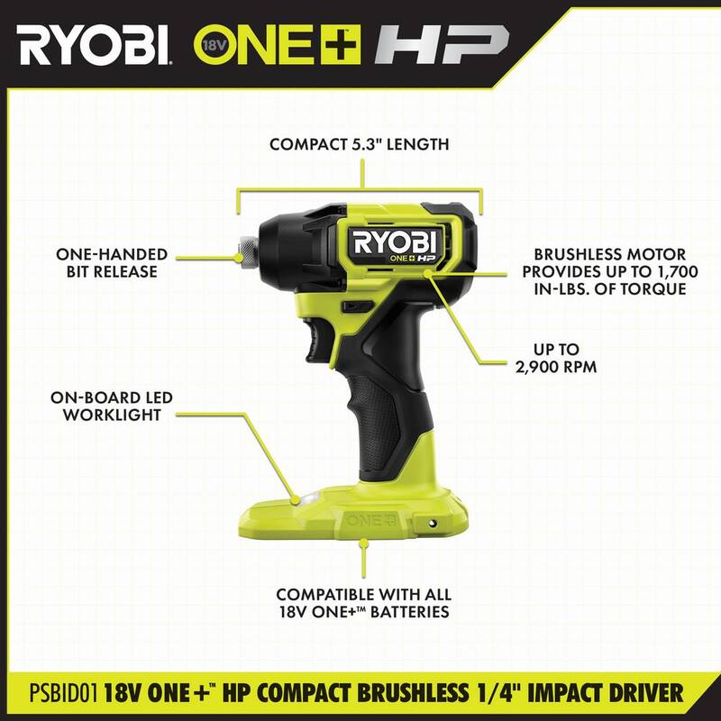 RYOBI ONE+ HP 18V Juego de Impacto Inalámbrico Compacto sin Escobillas de 1/4 in. con (2) Baterías de 1.5 Ah, Cargador y Bolsa - PSBID01K