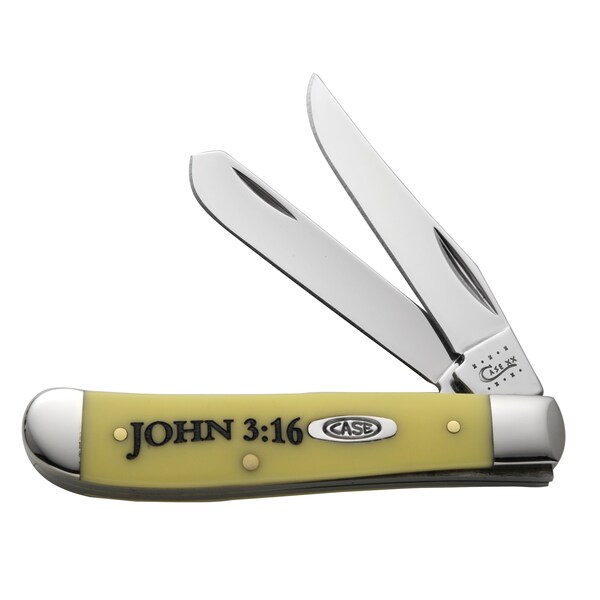 Case Cutlery 2023 Case Religious Sayings Embellished Yellow Synthetic Mini Trapper 3207 Ss John 3:16 - CAS-08850