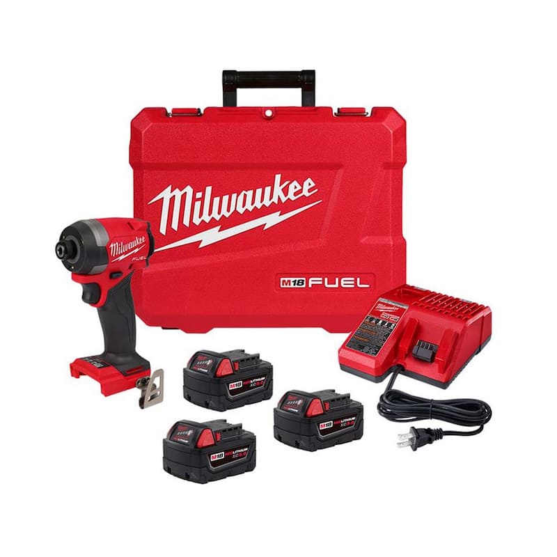 Milwaukee M18 Fuel 18-V Kit de Destornillador de Impacto Inalámbrico sin Escobillas de Litio-Ion de 1/4 de pulgada con (3) Baterías de 5.0 Ah, Cargador y Estuche Resistente - 2953-22-48-11-1850