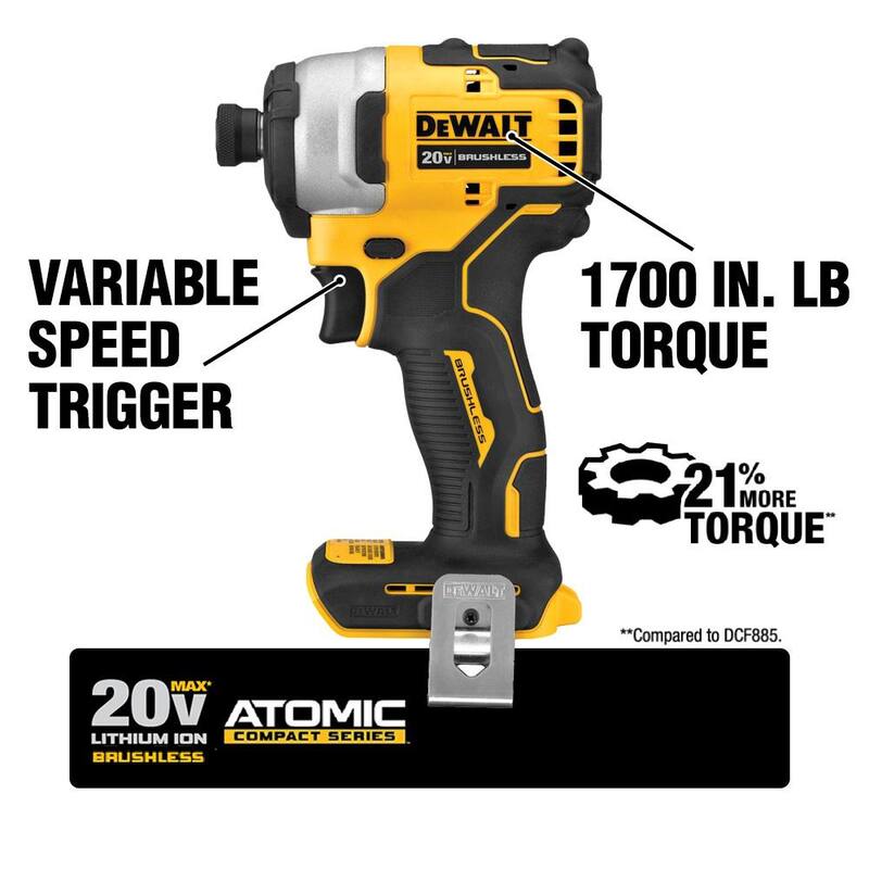 DEWALT ATOMIC 20V MAX Juego de Impact Driver Compacto Inalámbrico con Motor Sin Escobillas de Iones de Litio de 1/4 de pulgada y Juego de Brocas con Batería de 2Ah y Cargador - DCF809D1WWA1180.