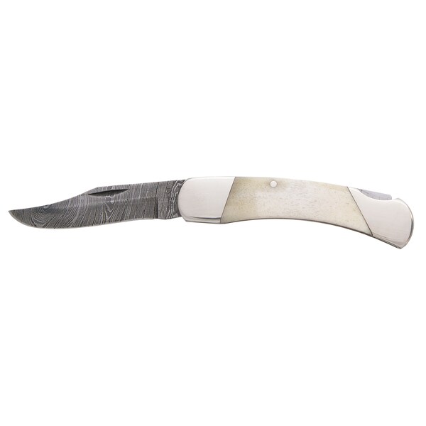 Bear & Sons Cutlery 2023 Bear 3 3/4' White Smooth Bone Lockback Damascus - BEA-WSB05D