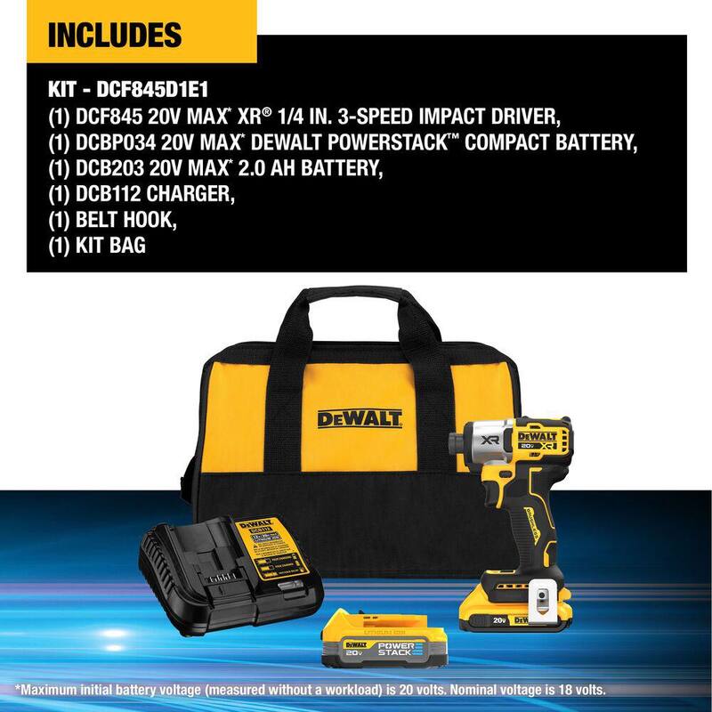 DEWALT 20V MAX XR Kit de Impacto Inalámbrico sin Escobillas de Litio-Ion de 1/4 de pulgada y 3 velocidades con baterías de 2Ah y 1.7Ah, cargador y estuche - DCF845D1E1