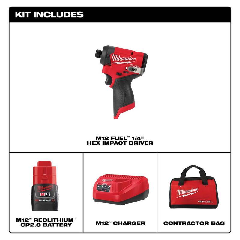 Milwaukee M12 FUEL 12-Volt Lithium-Ion Impact Driver Compact Kit con llave de impacto hexagonal de 1/4 de pulgada sin escobillas inalámbrica con batería de 2.0Ah y estuche - 3453-21.
