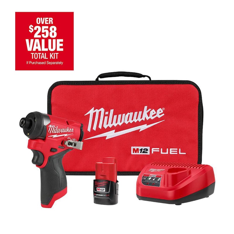 Milwaukee M12 FUEL 12-Volt Lithium-Ion Impact Driver Compact Kit con llave de impacto hexagonal de 1/4 de pulgada sin escobillas inalámbrica con batería de 2.0Ah y estuche - 3453-21.