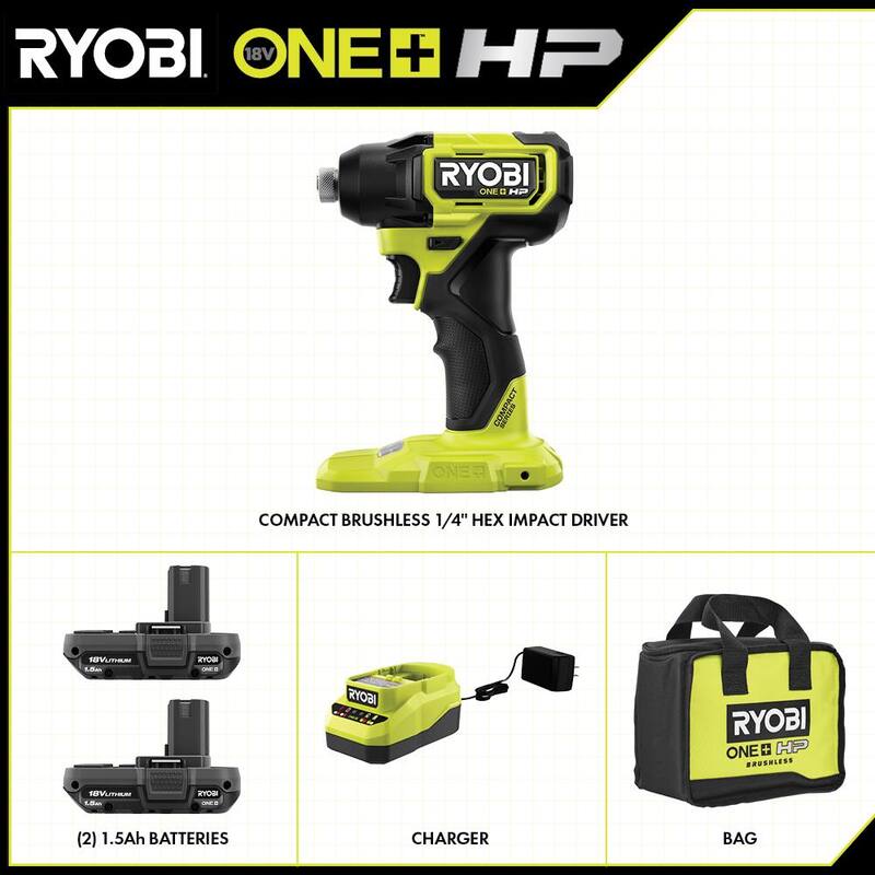 RYOBI ONE+ HP 18V Brushless Cordless Compact 1/4 in. Hex Impact Driver Kit con (2) Baterías de 1.5 Ah y Cargador - PSBID02K2