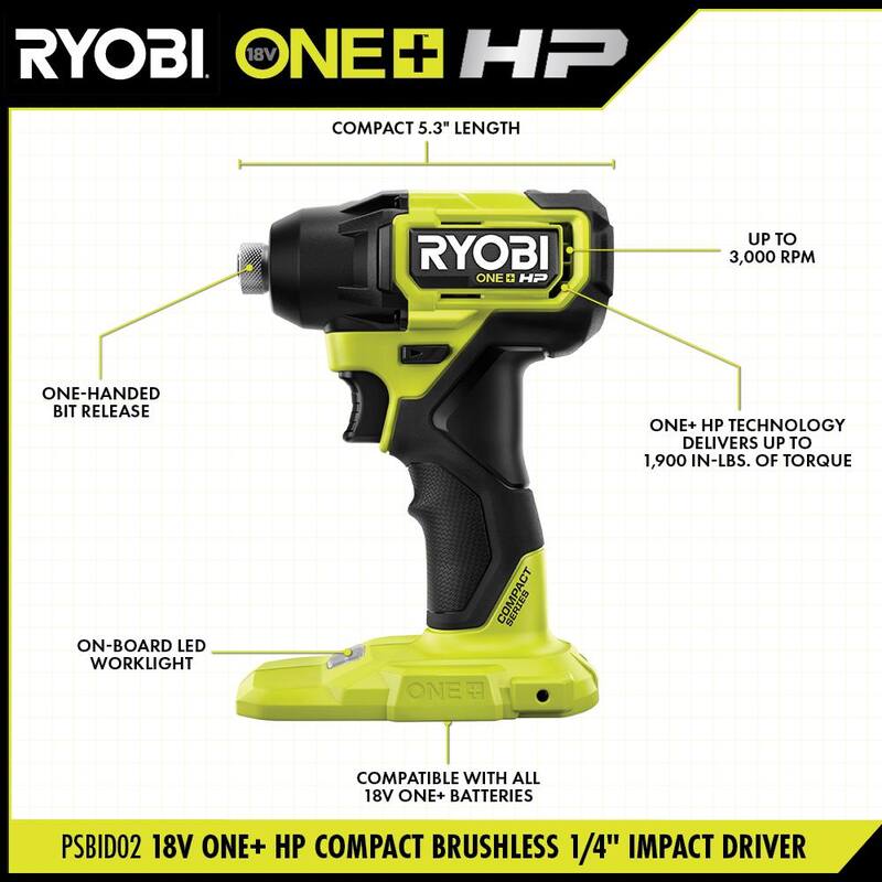 RYOBI ONE+ HP 18V Brushless Cordless Compact 1/4 in. Hex Impact Driver Kit con (2) Baterías de 1.5 Ah y Cargador - PSBID02K2