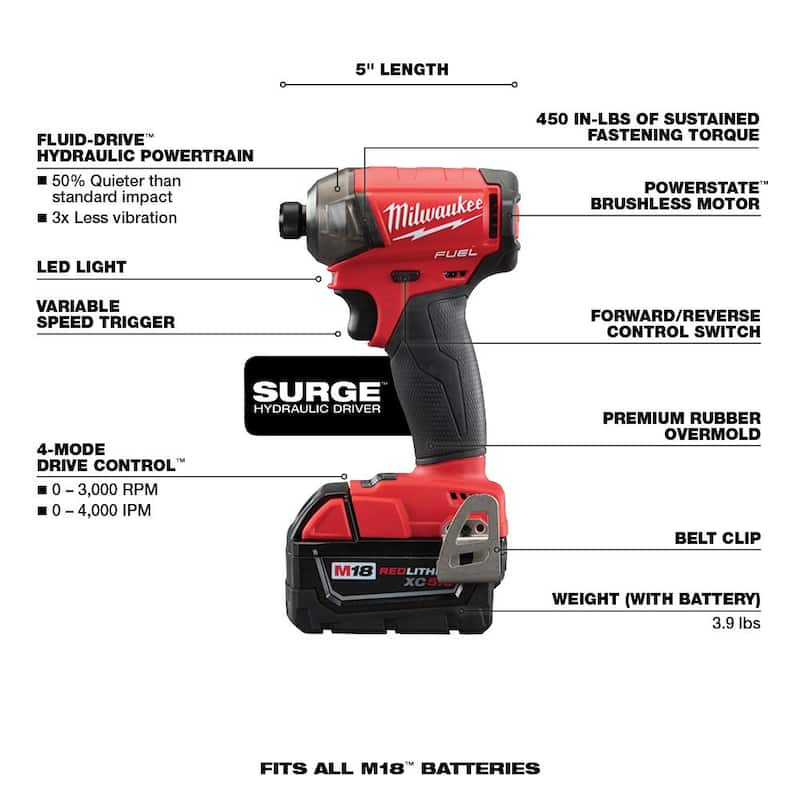 Milwaukee M18 FUEL SURGE 18V Lithium-Ion Brushless Cordless 1/4 in. Hex Impact Driver Compact Kit with Two 5.0 Ah Batteries - 2760-22

Milwaukee M18 FUEL SURGE 18V Destornillador de impacto inalámbrico hexagonal de 1/4 pulgadas con motor sin escobillas y dos baterías de 5.0 Ah - 2760-22