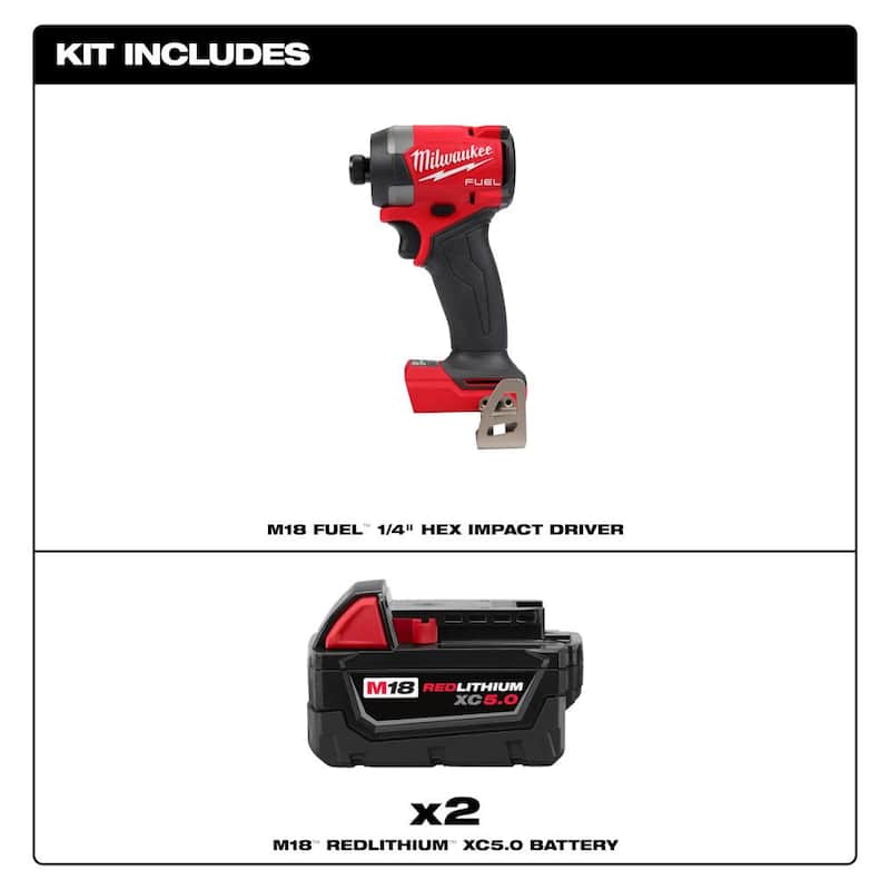 Milwaukee M18 FUEL 18-Volt Lithium Ion Brushless Inalámbrico 1/4 pulg. Hex Impact Driver con (2) baterías M18 5.0Ah - 2953-20-48-11-1852