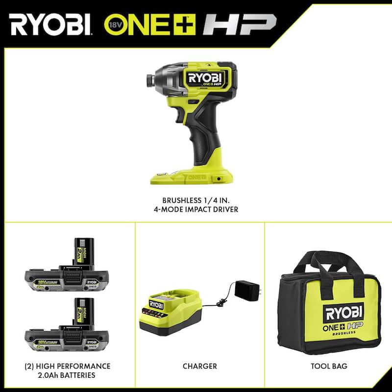 Kit de destornillador de impacto inalámbrico sin escobillas RYOBI ONE+ HP de 18V 1/4 in, 4 modos con (2) baterías de alto rendimiento de 2.0 Ah, cargador, bolsa - PBLID02K.