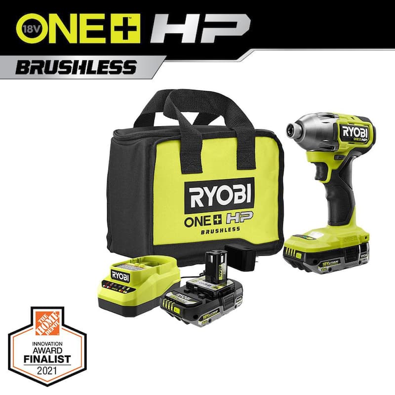 Kit de destornillador de impacto inalámbrico sin escobillas RYOBI ONE+ HP de 18V 1/4 in, 4 modos con (2) baterías de alto rendimiento de 2.0 Ah, cargador, bolsa - PBLID02K.