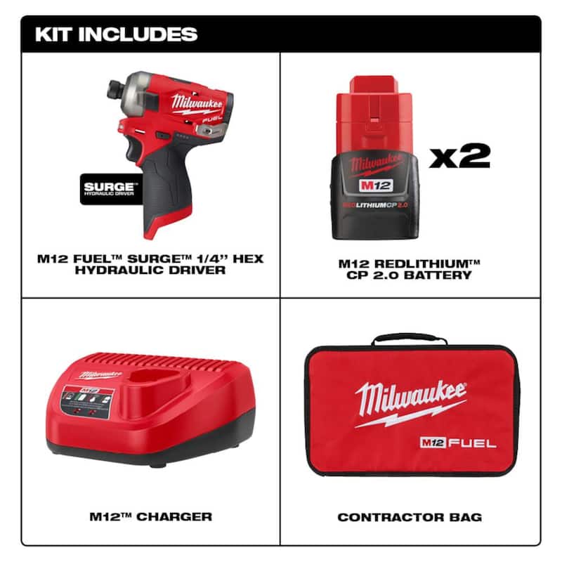 Milwaukee M12 FUEL SURGE 12-Volt Lithium-Ion 1/4 in. Juego Compacto de Destornillador de Impacto Hexagonal Inalámbrico con Luz de Servicio M12 ROVER - 2551-22-2367-20