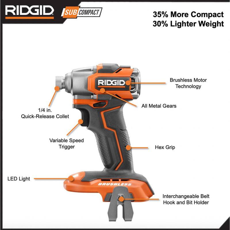 RIDGID 18V Kit de Taladro de Impacto Inalámbrico SubCompact Brushless con (1) Batería de 2.0 Ah, Cargador y Bolsa - R8723K