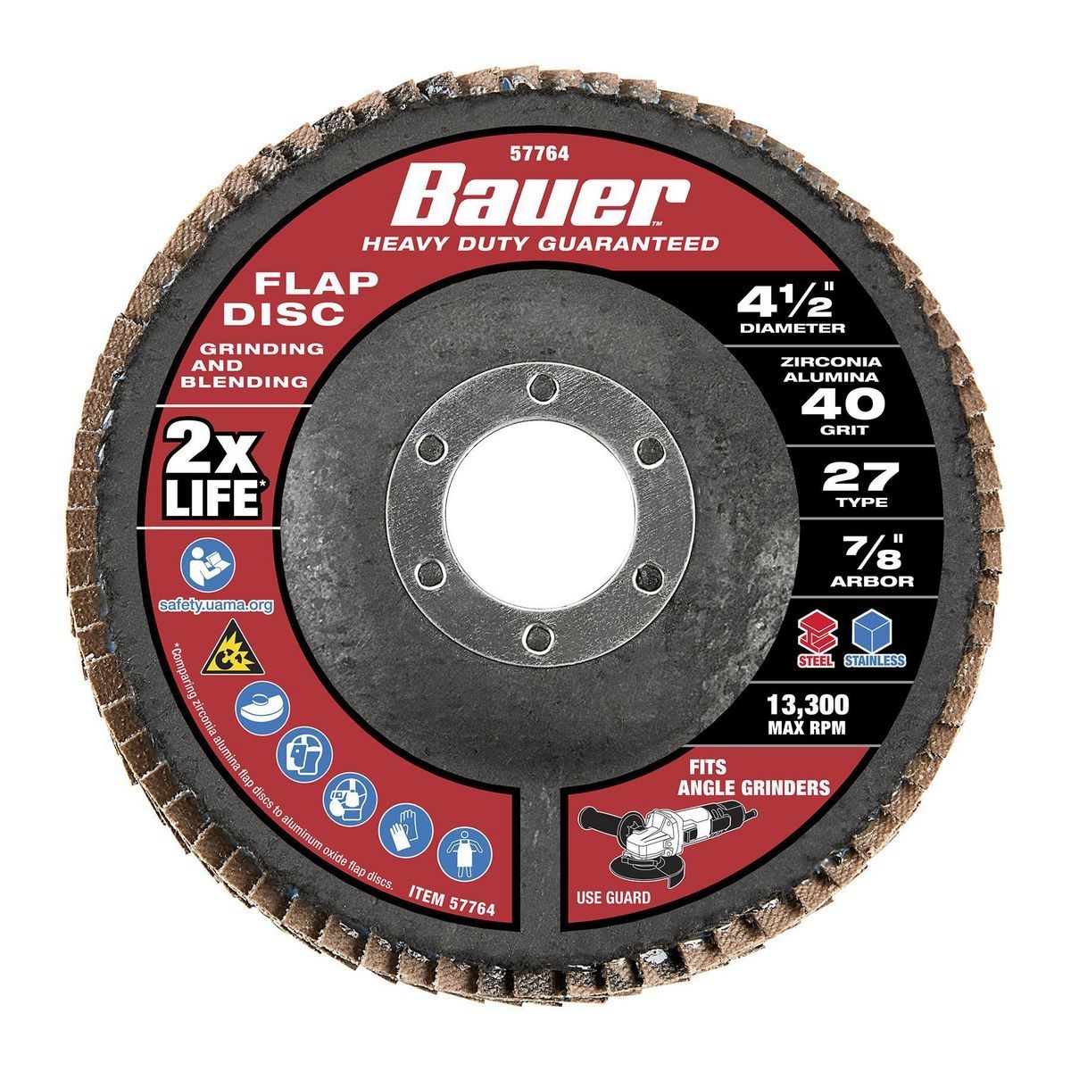 Disco de láminas Bauer de 4-1/2 pulgadas x 7/8 pulgadas, grano 40, Tipo 27, con respaldo de fibra de vidrio y grano de circonio - 57764