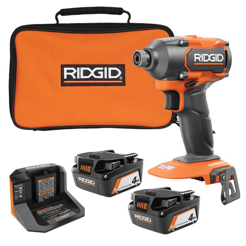Atornillador de impacto inalámbrico sin escobillas RIDGID de 18V con 3 velocidades y 1/4 de pulgada, con (2) baterías de 4.0 Ah, cargador de 18V y bolsa - R862311B-AC93044SBN