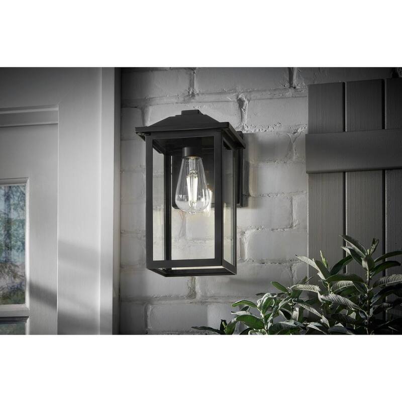 MARCA PRIVADA SIN MARCA 1 luz 12 pulgadas Lámpara de Pared Exterior Negra de estilo transicional con vidrio transparente con cableado duro - W2235-21.
