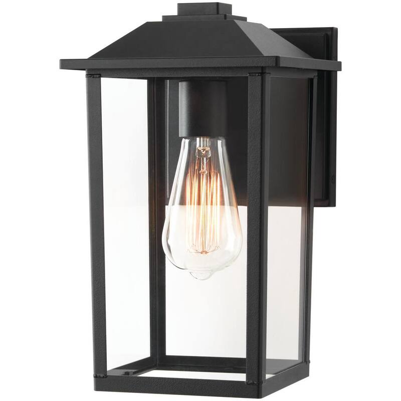 MARCA PRIVADA SIN MARCA 1 luz 12 pulgadas Lámpara de Pared Exterior Negra de estilo transicional con vidrio transparente con cableado duro - W2235-21.