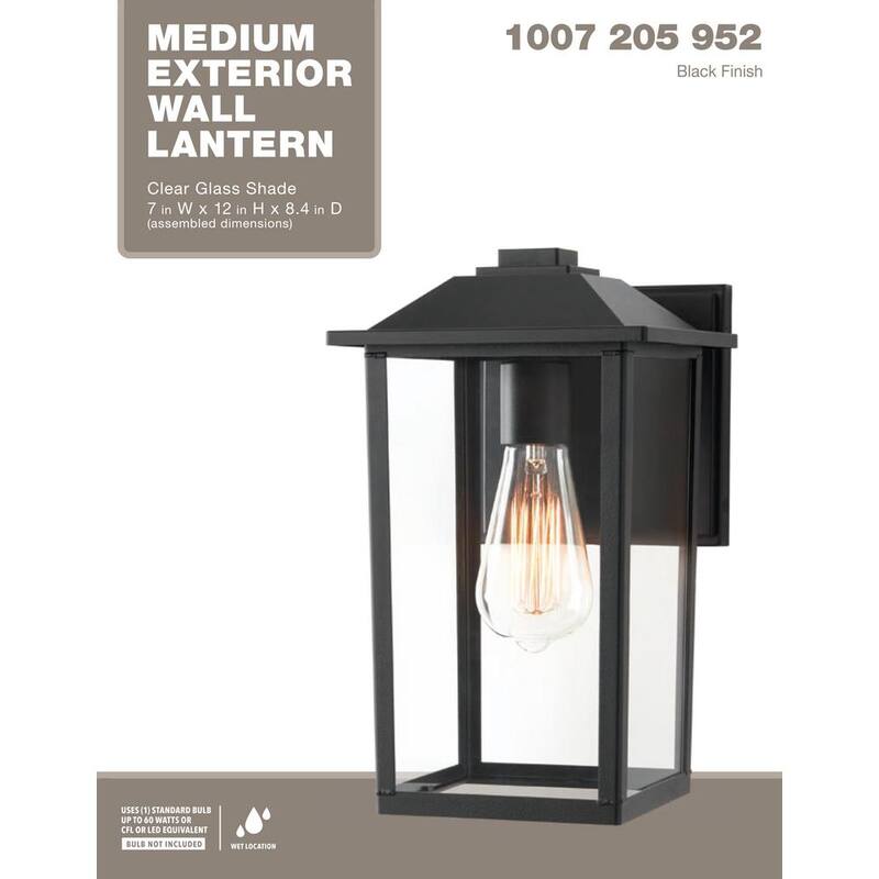 MARCA PRIVADA SIN MARCA 1 luz 12 pulgadas Lámpara de Pared Exterior Negra de estilo transicional con vidrio transparente con cableado duro - W2235-21.