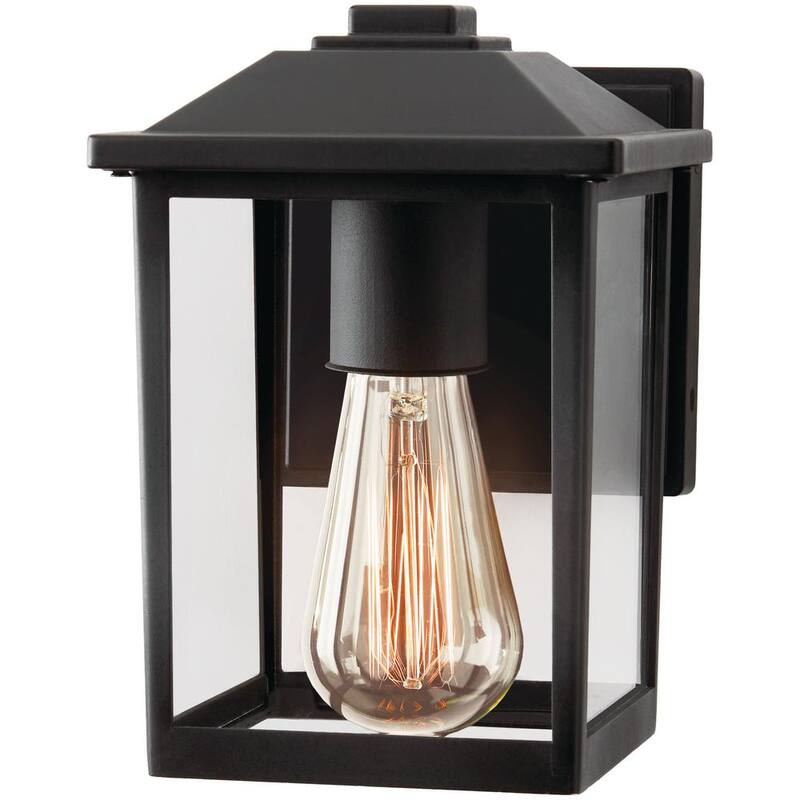 Marca privada sin marca 1 luz 7 pulgadas. Linterna de pared exterior clásica con cableado duro en negro con vidrio transparente - W2235-11